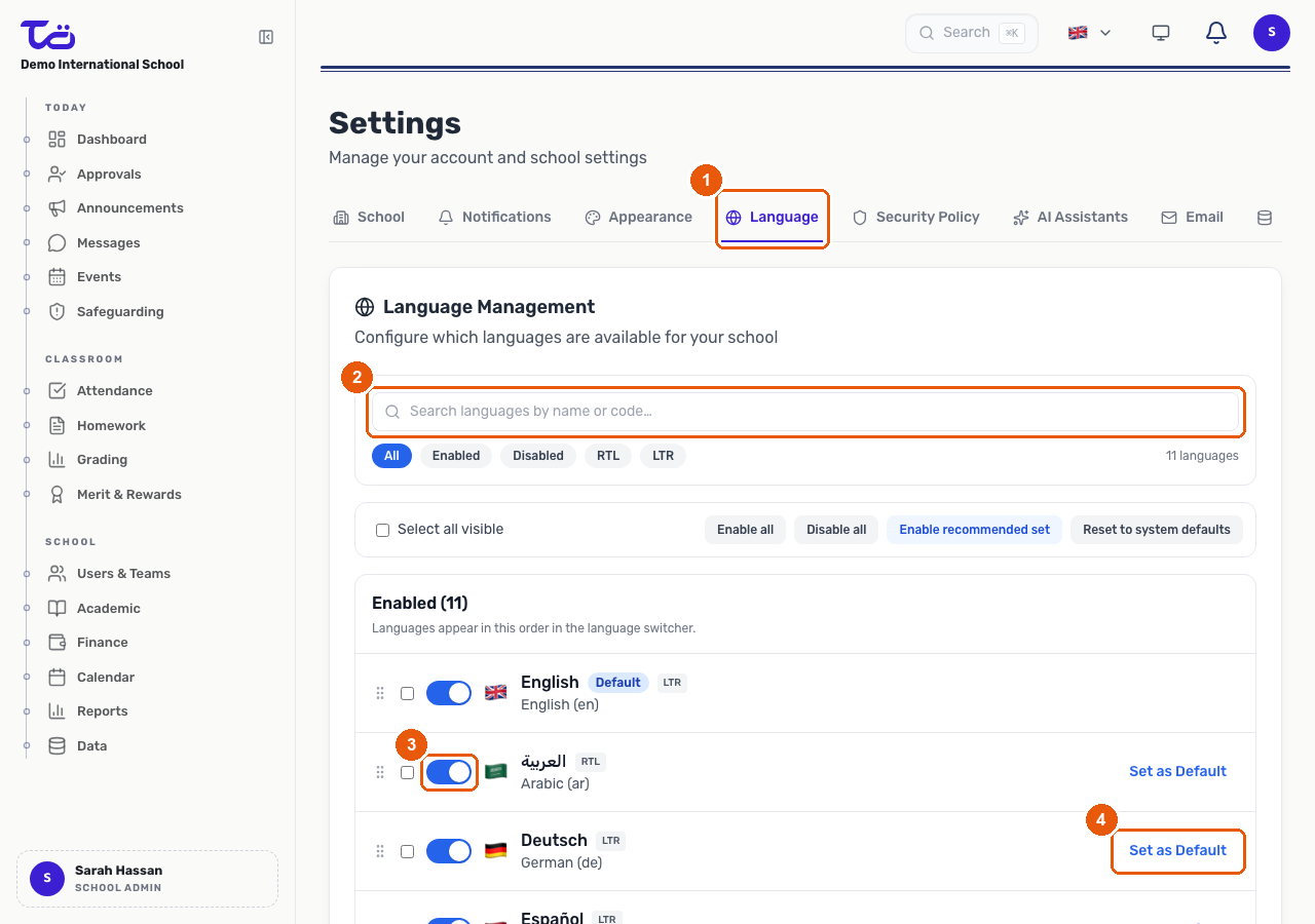 The Language Management screen showing the Language tab, a search box, a per-language toggle, and a Set as Default button