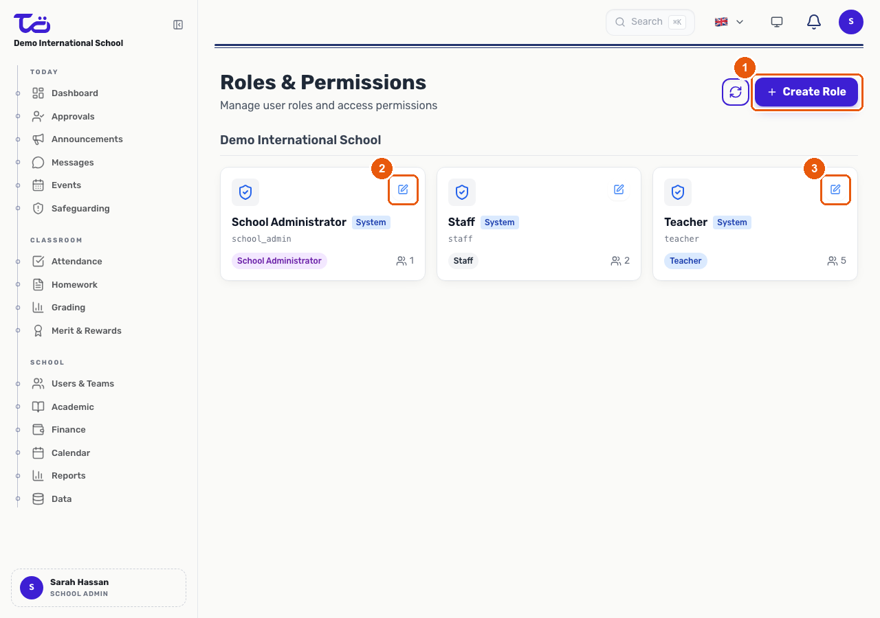 The Roles & Permissions page showing the Create Role button and Edit actions on the School Administrator and Teacher role cards