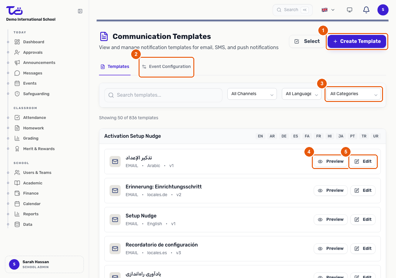 The Communication Templates page showing the Create Template button, the Event Configuration tab, a category filter, and Preview and Edit actions on a template row