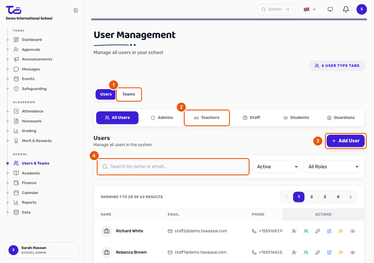 The User Management page for a school admin, showing the user type tabs, the Add User button and the search and filter bar above the user table