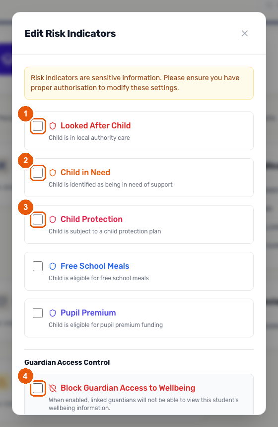 The Edit Risk Indicators dialog, showing the Looked After Child, Child in Need, and Child Protection checkboxes plus the guardian access control toggle