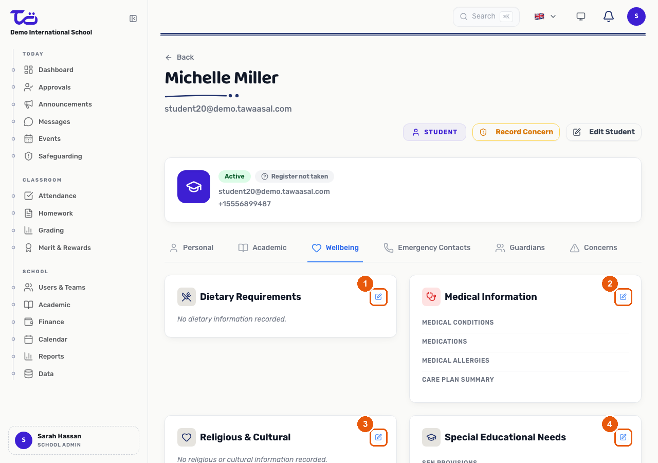 A student's Wellbeing tab showing the Dietary Requirements, Medical Information, Religious & Cultural, and Special Educational Needs sections, each with its own edit control