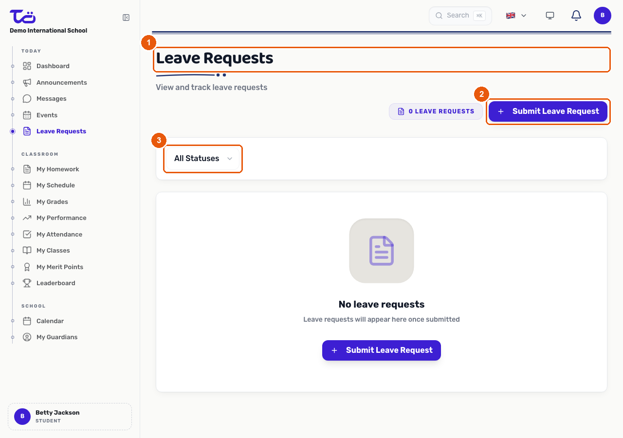 The Leave Requests page showing the page heading, the Submit Leave Request button and the status filter