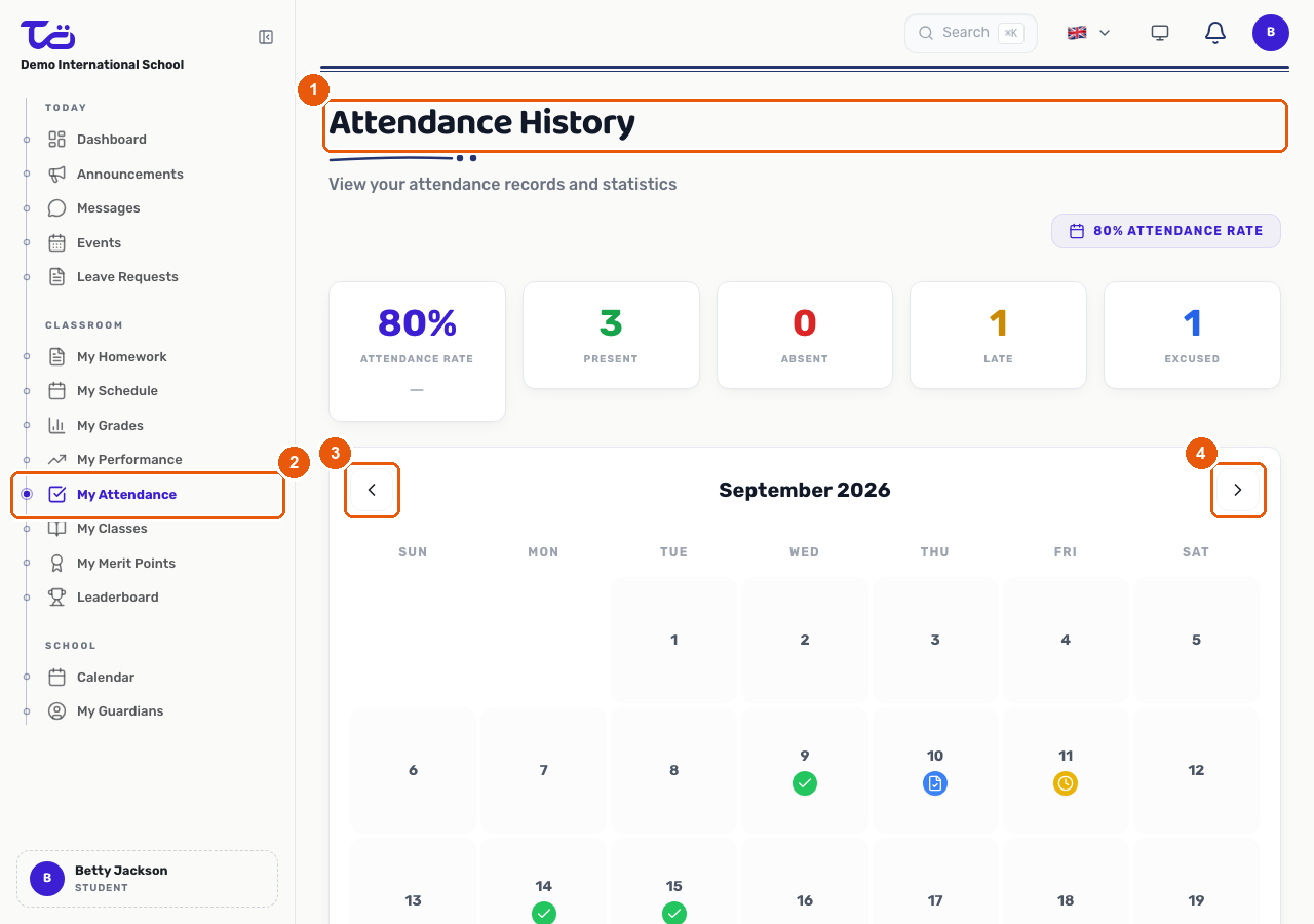 The Attendance History page showing the attendance-rate summary tiles and a monthly calendar with each day colour-coded by status
