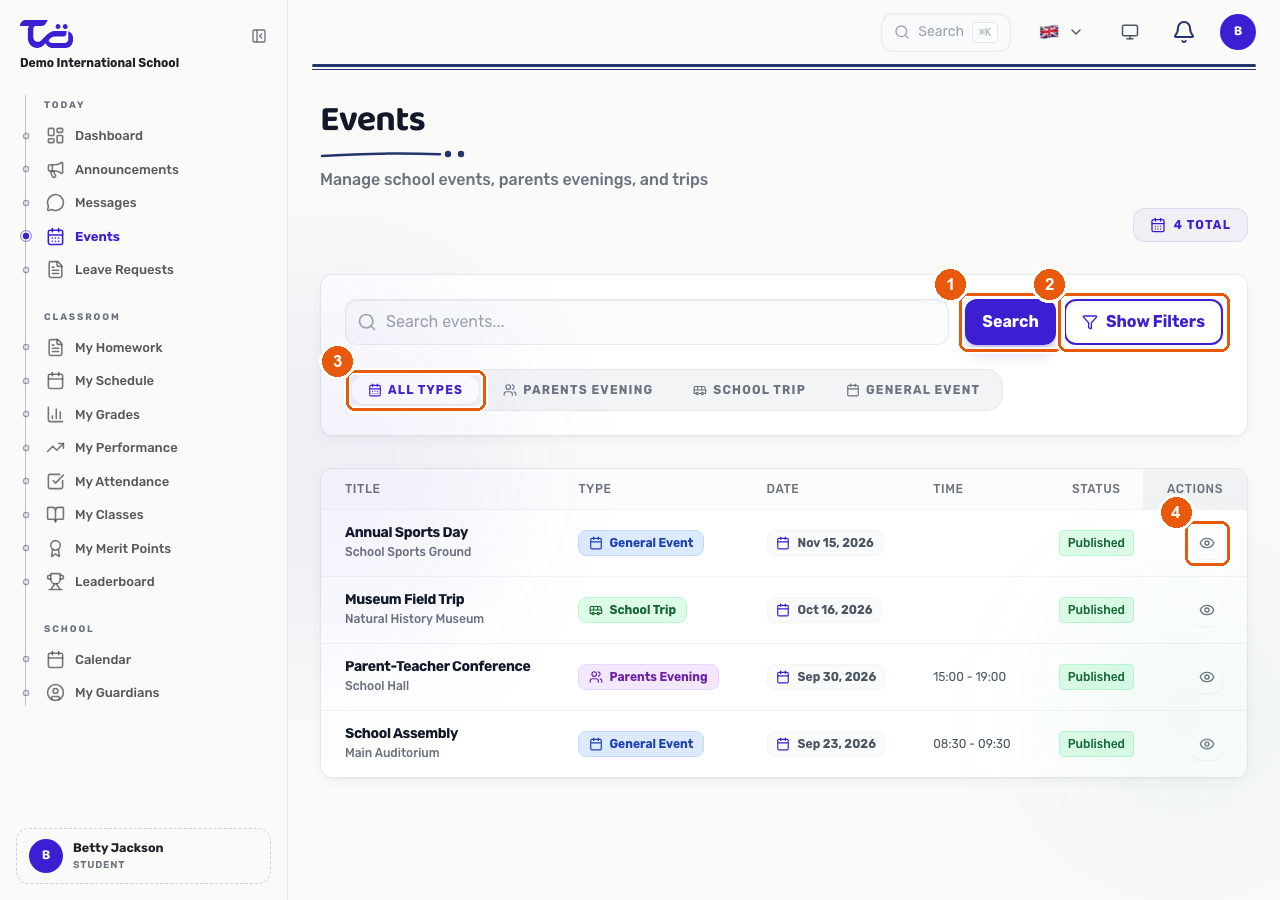 The Events page showing the search box, type filter tabs, and the events table with a view icon on each row