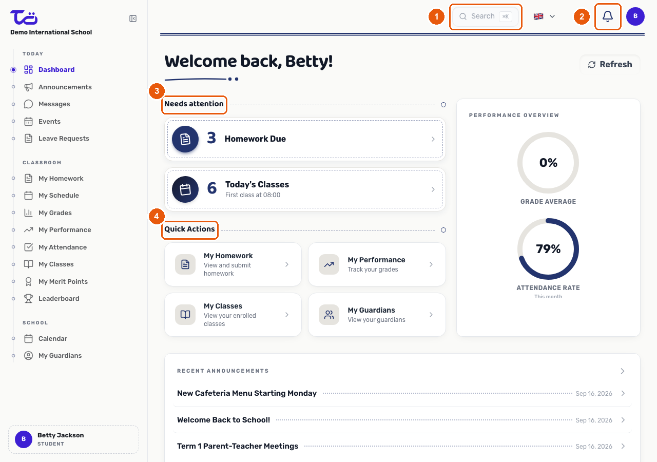 The student Dashboard showing the sidebar, search bar, notifications bell, a Needs attention panel with homework due, and Quick Actions
