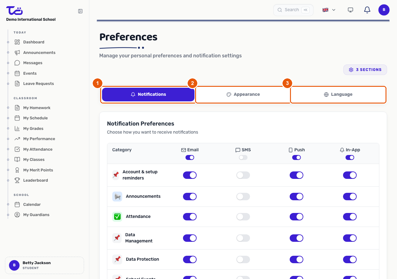 The Preferences page showing the Notifications, Appearance and Language tabs