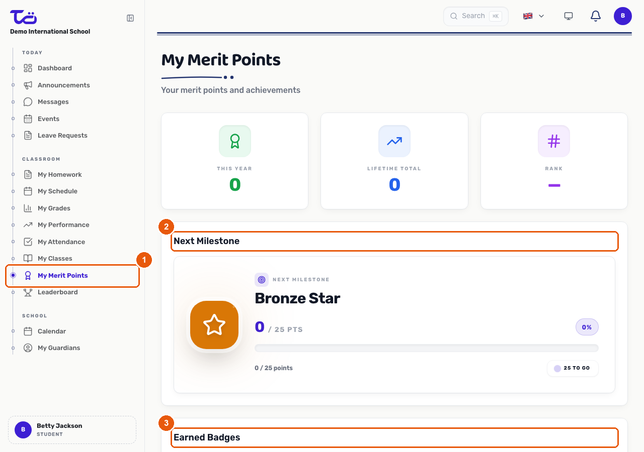 The My Merit Points page showing the sidebar entry, the next milestone progress card, and the earned badges panel