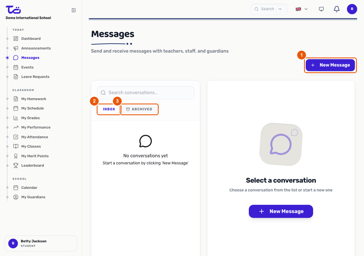 The student Messages page showing the New Message button and the Inbox and Archived tabs