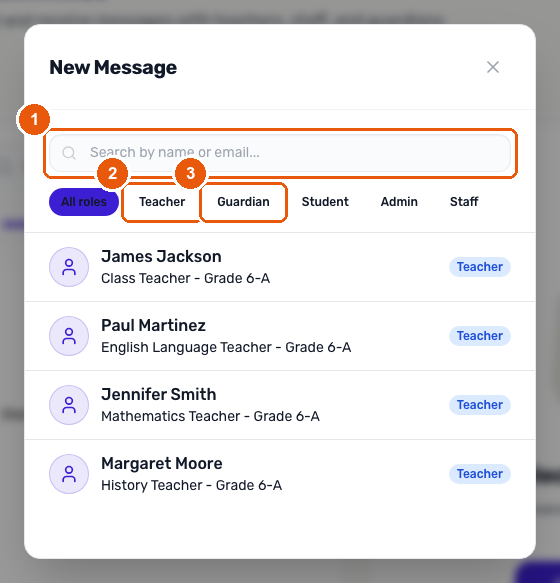 The New Message dialog showing the recipient search box, role filter chips, and a list of teachers to message