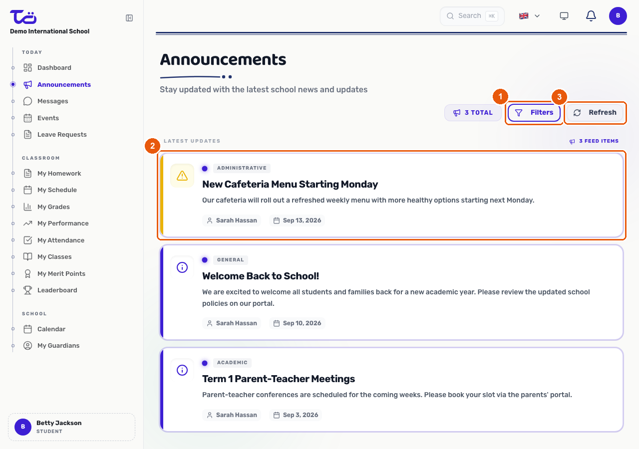 The student Announcements page showing the Filters and Refresh buttons and a list of announcements with category badges