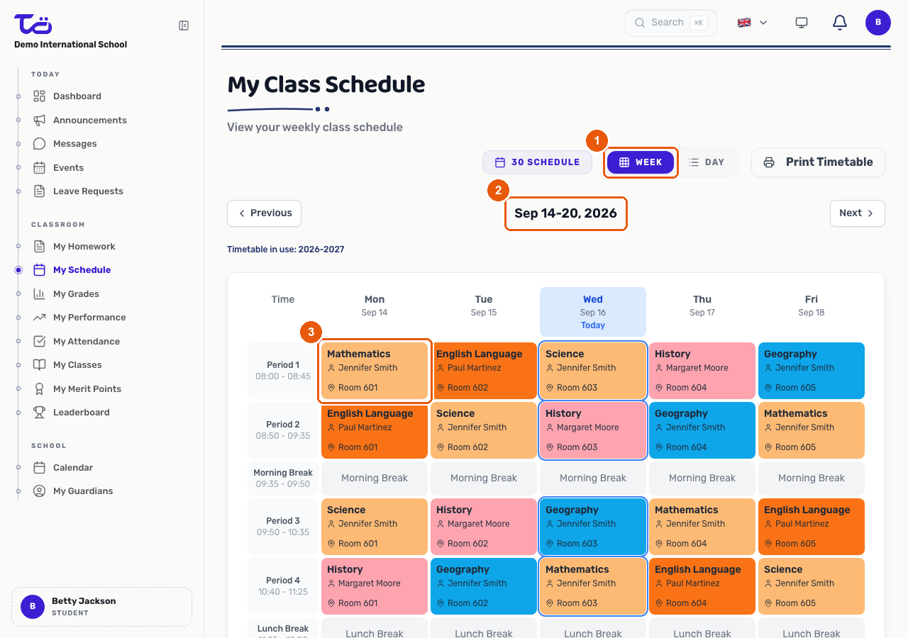 The My Class Schedule page in weekly view, showing the day's timetable grid with a lesson highlighted