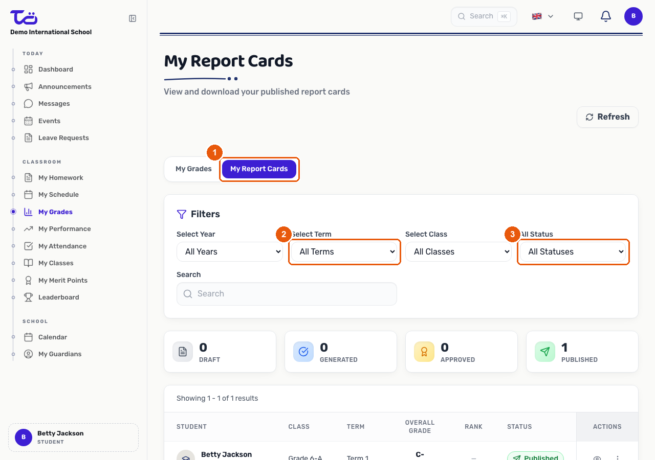 The My Report Cards page showing the My Report Cards tab active, the term filter, and the status filter next to a table of published report cards