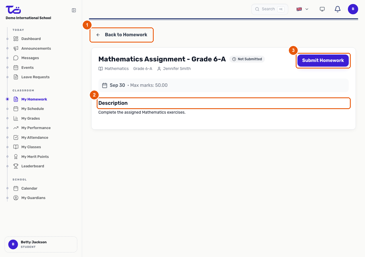 A homework assignment's detail page showing its title, status, description, and Submit Homework button