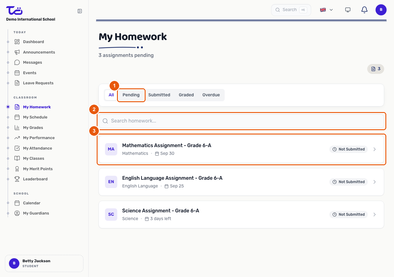 The My Homework list showing the status filter tabs, a search box, and a homework row