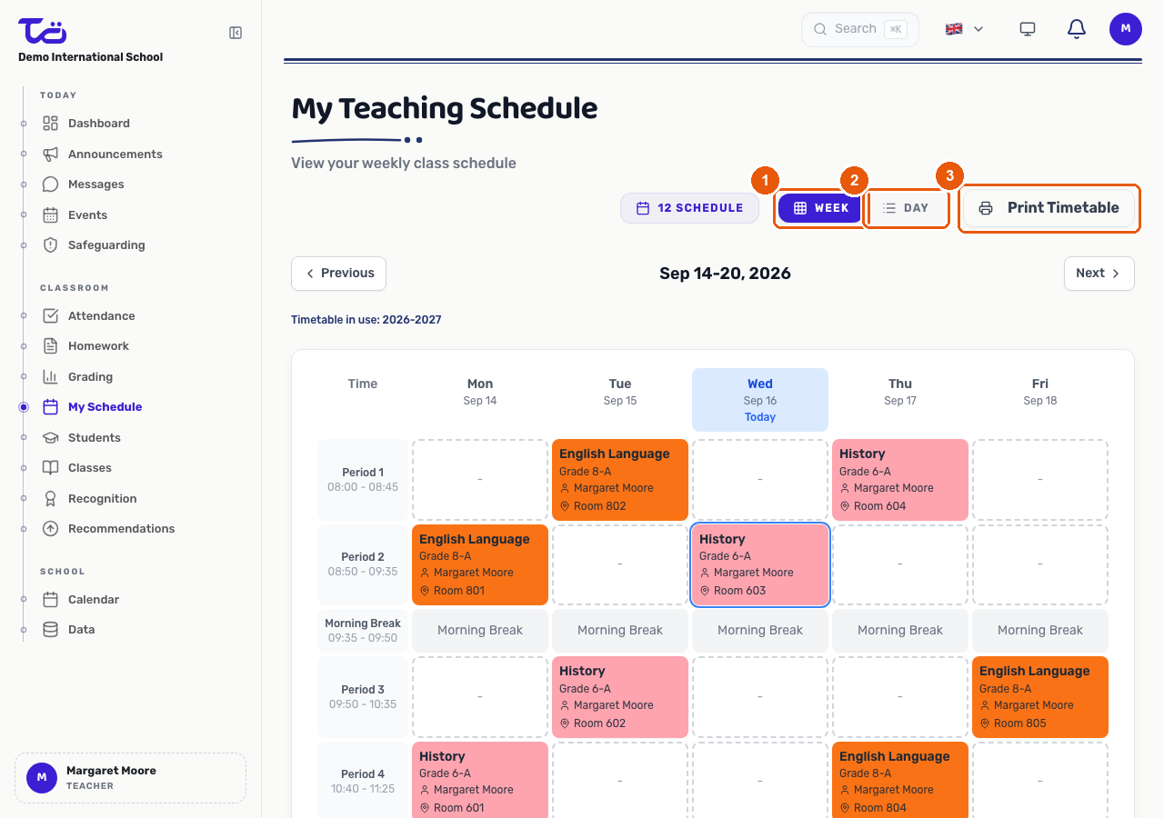 The My Teaching Schedule page showing the Week and Day view toggle and the Print Timetable control above a weekly grid of class periods