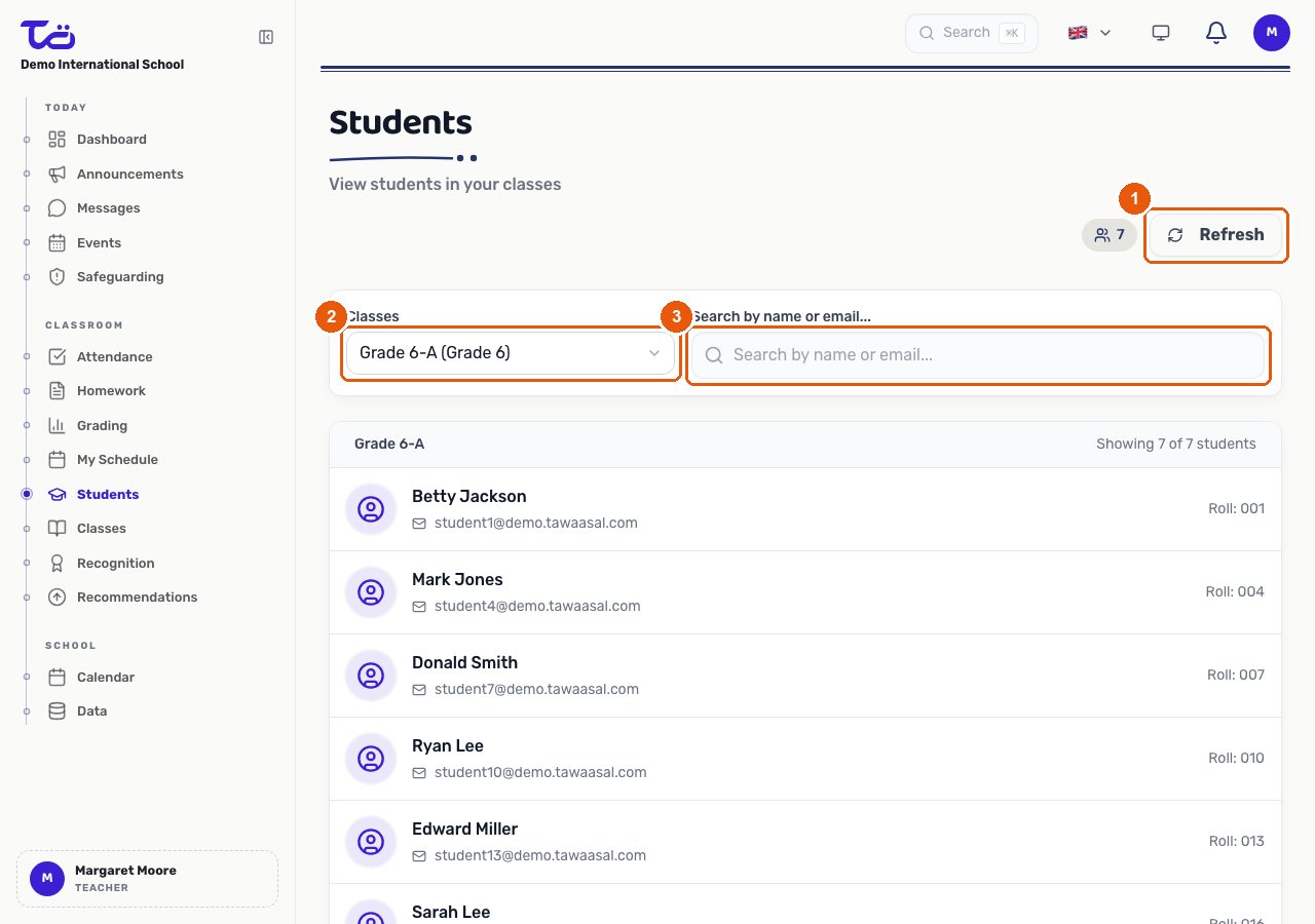 The Students page showing the Refresh control, the class filter, and the search field, with a roster of students in the selected class