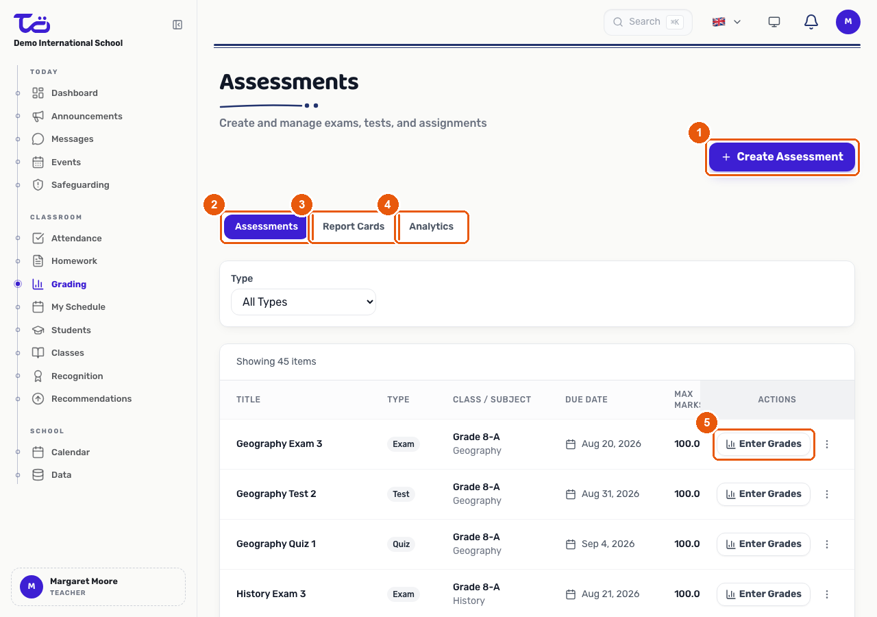 The Assessments tab of the Gradebook showing the Create Assessment button, the Assessments, Report Cards and Analytics tabs, and an Enter Grades action on an assessment row