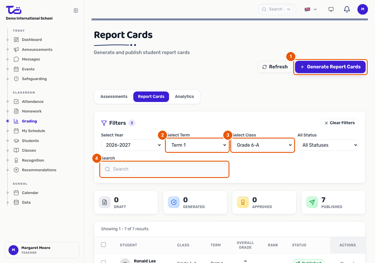 The Report Cards tab showing the Generate Report Cards button, the term and class filters, and the search field above a list of student report cards