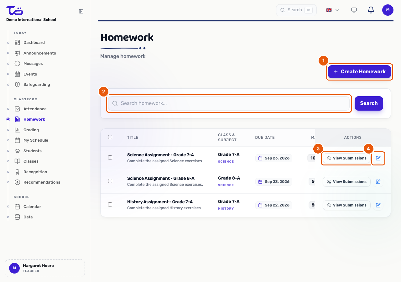 The Homework list page showing the Create Homework button, the search field, and each assignment's View Submissions and edit actions