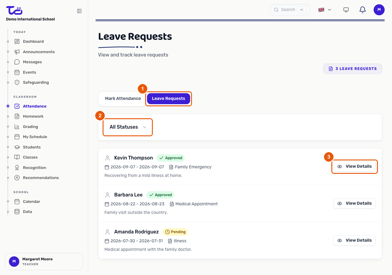 The Leave Requests page showing the status filter and a list of leave requests with their dates, reasons and a View Details button