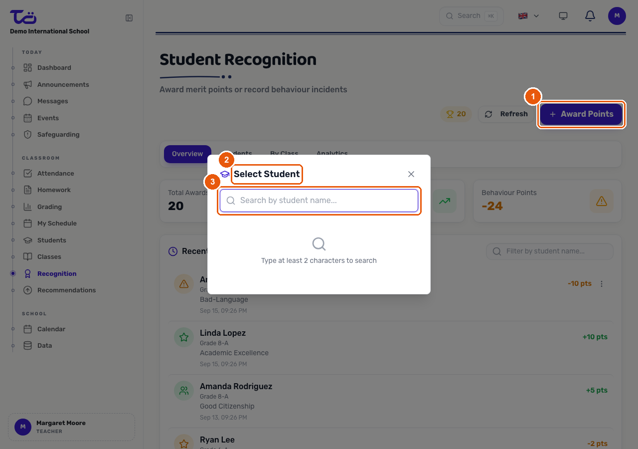 The Select Student search step of the Award Points dialog, opened from the Award Points button