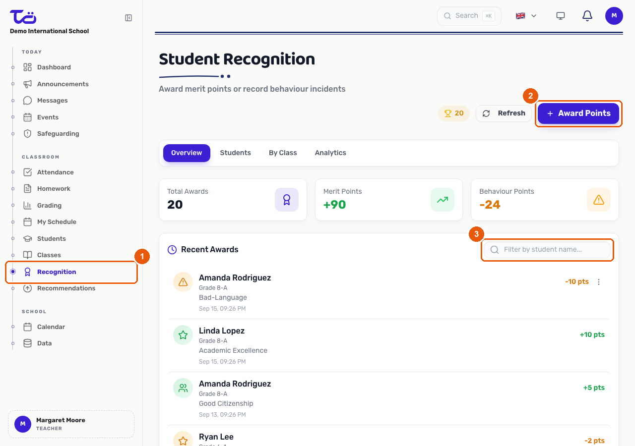 The Student Recognition page showing the sidebar Recognition item, the Award Points button, and the Recent Awards list with a name filter