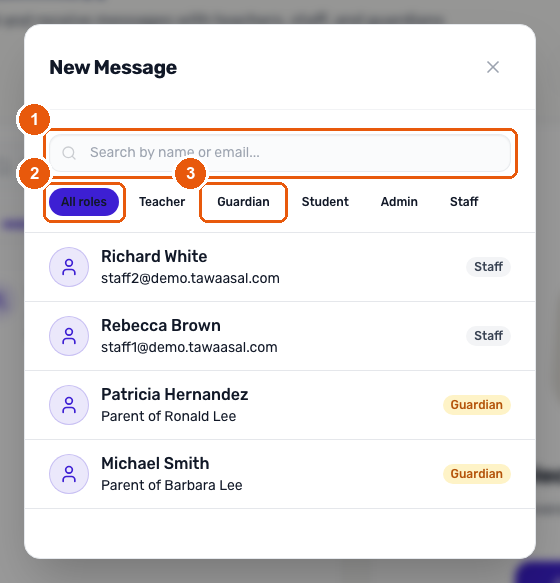 The New Message dialog with a role filter row and a list of recipients