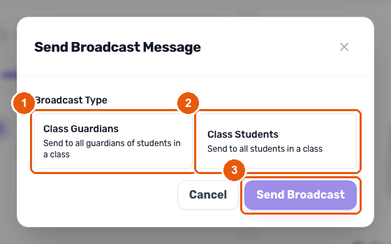 The Send Broadcast Message dialog with the Class Guardians and Class Students type options