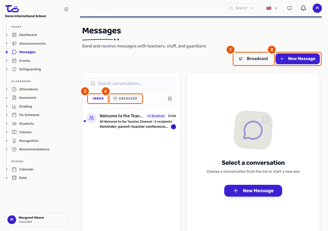 The Messages page showing the Broadcast and New Message buttons, the Inbox and Archived tabs, and a conversation list