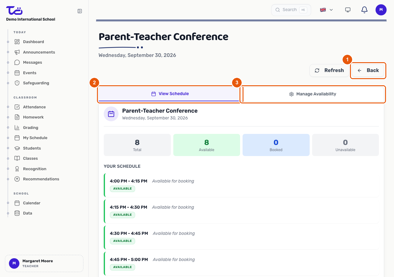 The parents evening schedule page with Back, View Schedule and Manage Availability highlighted