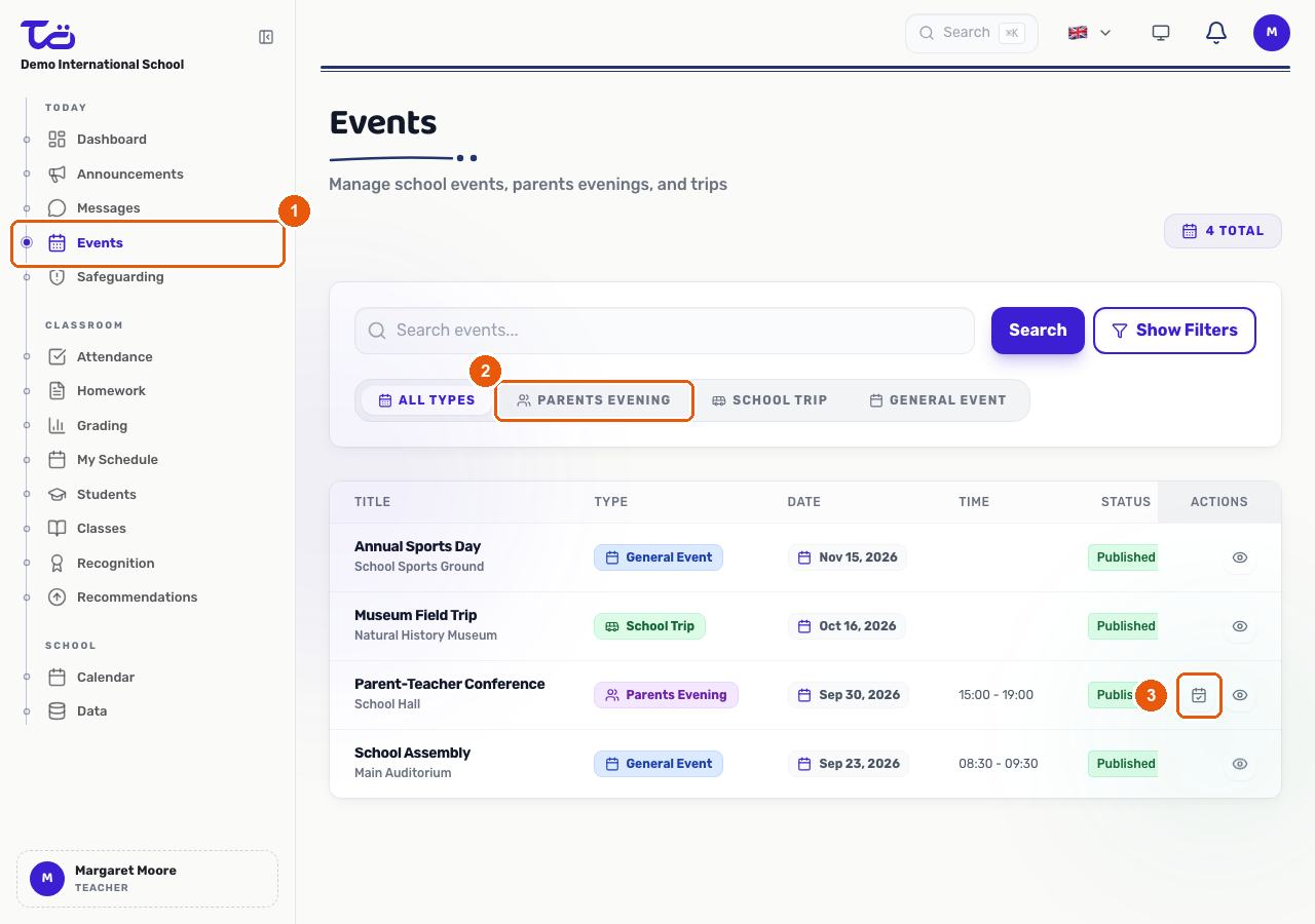 The Events list filtered to Parents Evening, with the View Schedule action highlighted on the Parent-Teacher Conference row