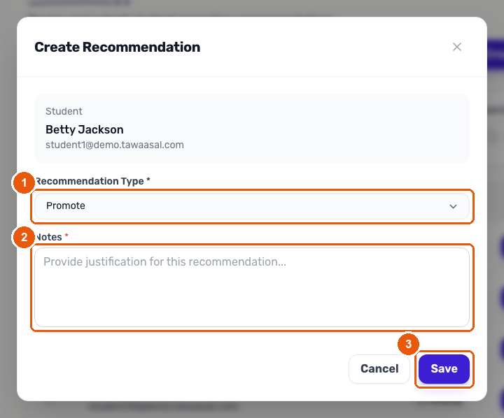 The Create Recommendation dialog with the recommendation type dropdown, notes field and Save button