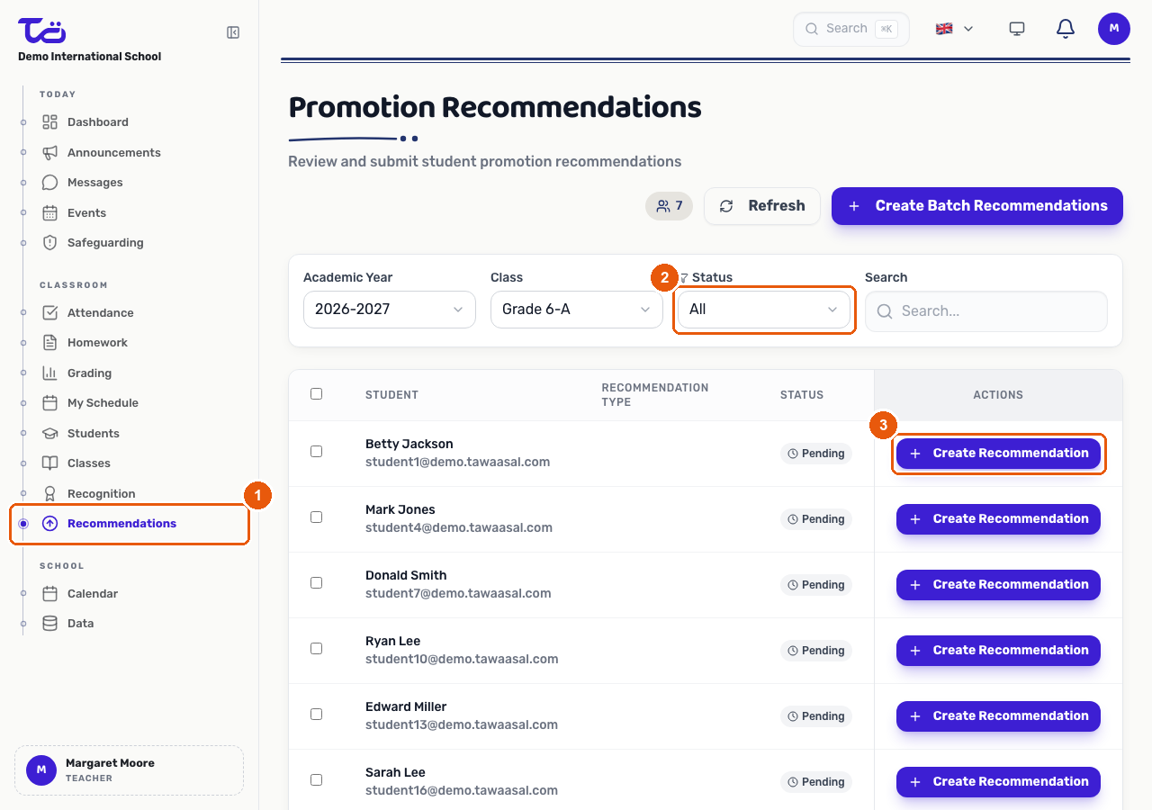 The Promotion Recommendations page listing students with their status and a Create Recommendation button per row