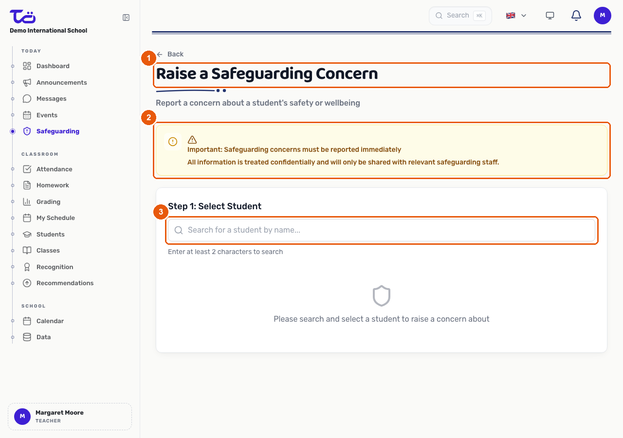 The Raise a Safeguarding Concern form showing the confidentiality notice and the student search field