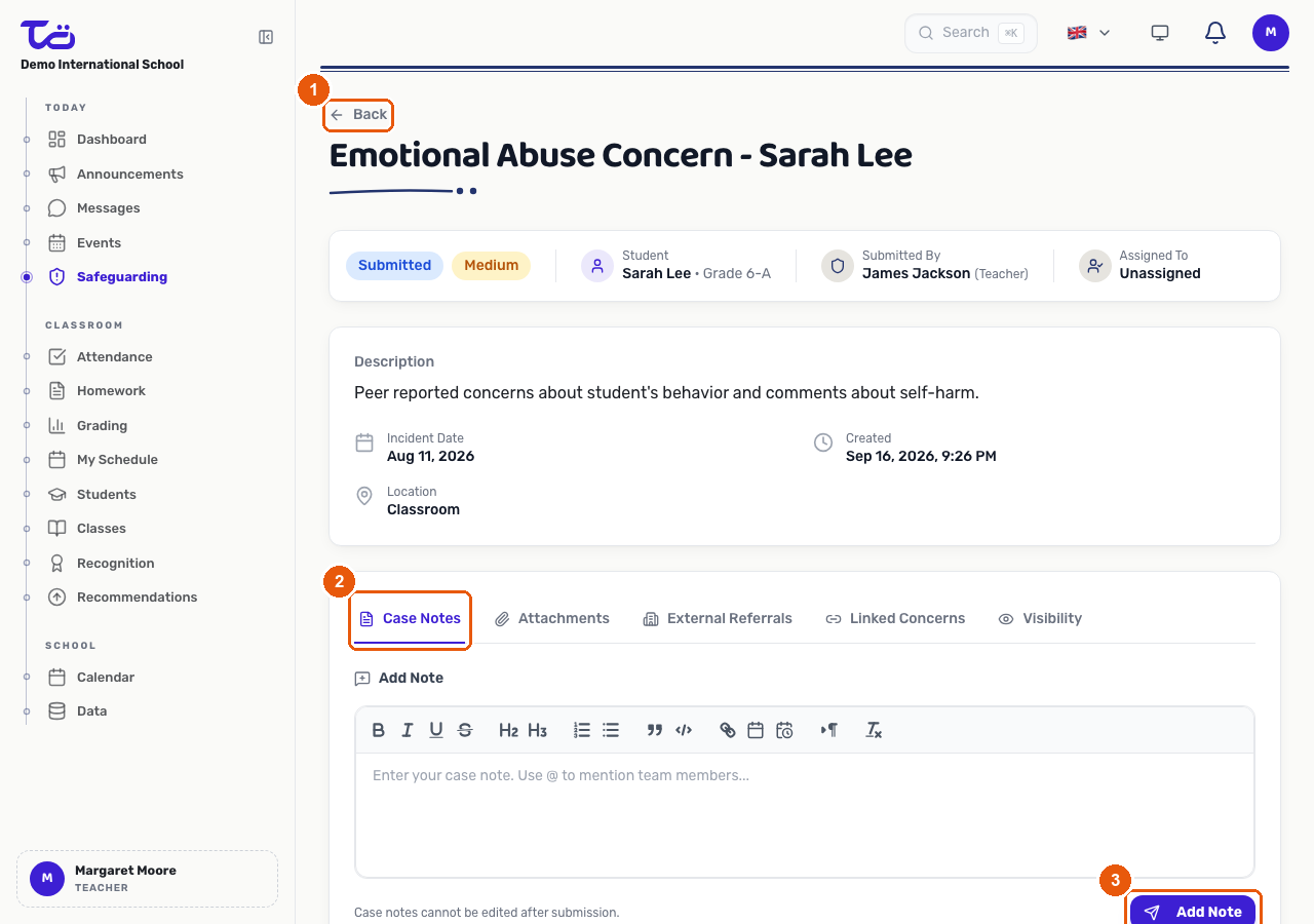 A safeguarding concern detail page showing its status and urgency badges, the assigned student and staff, and the Case Notes tab