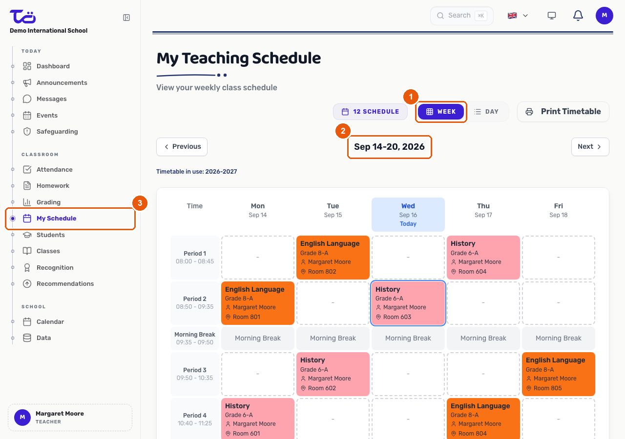 The My Teaching Schedule weekly grid, with the daily/weekly toggle, week navigation, and the My Schedule sidebar link